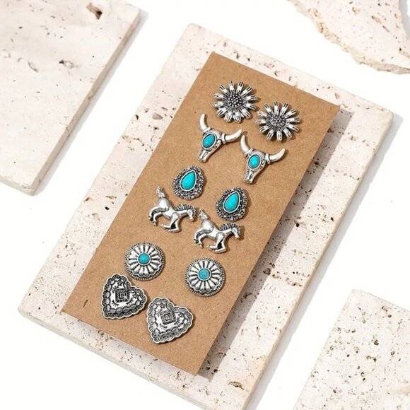 6 Pairs Vintage Western Turquoise Earrings Set – Boho Chic Jewelry, heart, horse - Picture 2 of 2